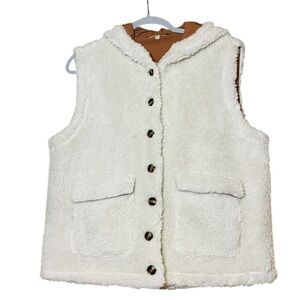 Jodifl Ivory Cream Faux Shearling Fleece Hoodie Button Vest Jacket Style G9085